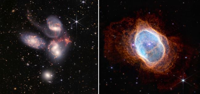 Skupina galaxií Stephenův kvintet a jižní prstencová mlhovina. Zdroj: NASA, ESA, CSA, STScI.